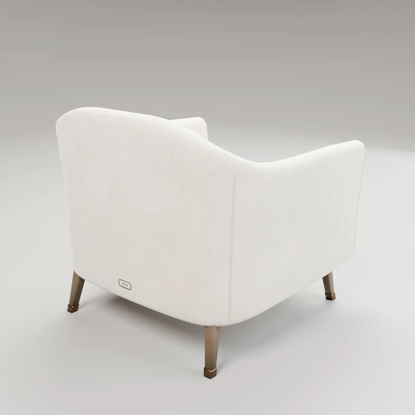 Rear catalogue elevation of the VELA lounge chair showing the upholstered shell, timber rails, and leg geometry.