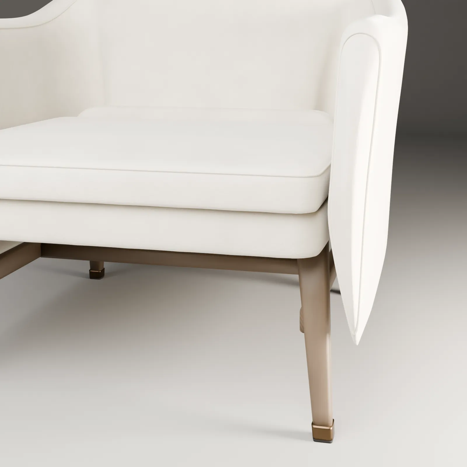 Close material study of the VELA seat cushion, piping, and upholstered arm interior.